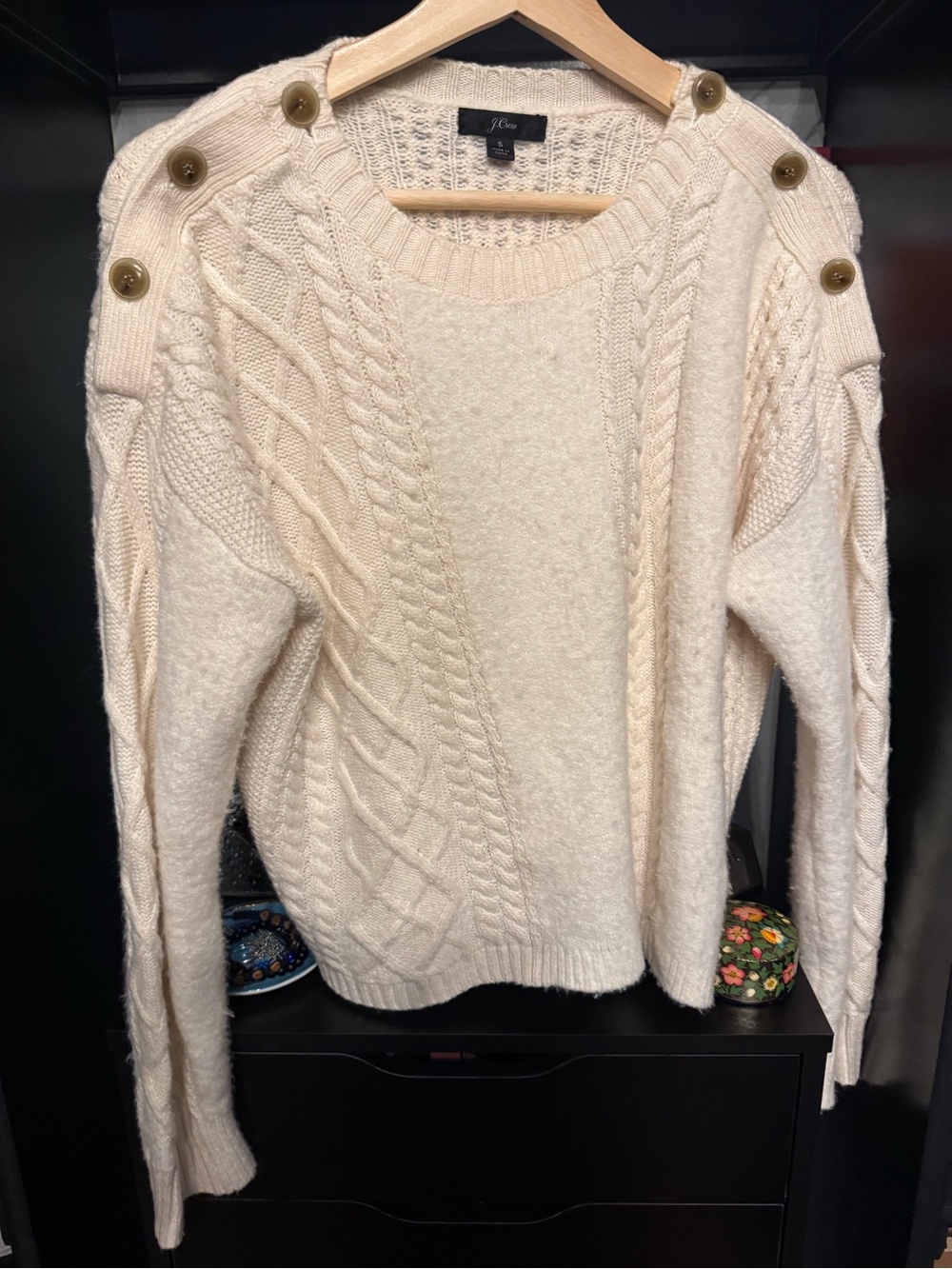 J Crew Classic Cable Knit Wool Oversized Button-Shoulder Sweater in Cream 💟❄️ - Picture 5 of 11